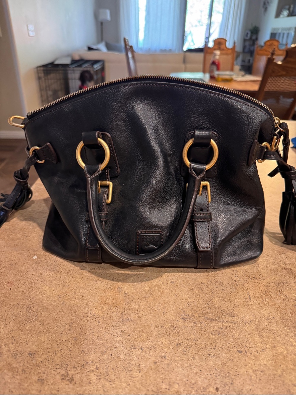 Dooney & Bourke Black Leather Satchel with Gold Rings